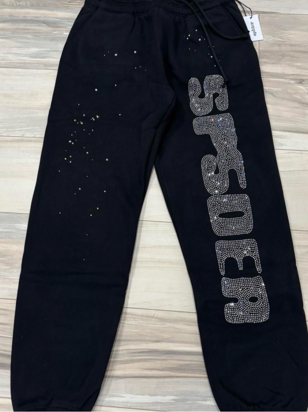 Black Sweatpants with Rhinestone 'Spider ' Side Logo